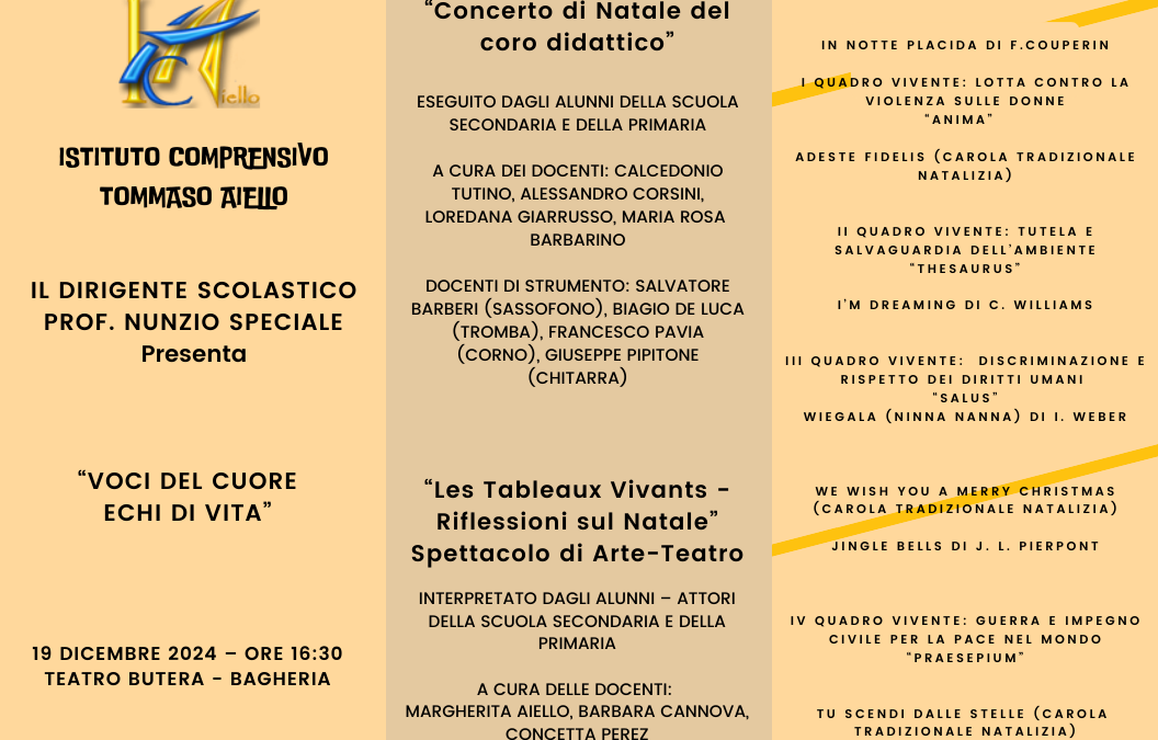 Institut Compréhensif Tommaso Aiello: Spectacle de Noël « Voix du cœur, échos de la vie » – Le 19 décembre 2024, à 16h30 au Palazzo Butera